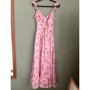 Altar'd State Women's S Pink Floral Maxi Dress V-Neck Ruffle Bow Chiffon